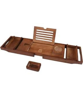lot 2598 image: EASE-WAY Bamboo Bathtub Caddy Tray, Wooden Bath Tray for Tub with Book Holder and Free Soap Dish, Holds Phone, Laptop, Extendable Bathtub Caddy Organizer for Luxury Spa