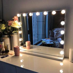 lot 2529 image: FENCHILIN Vanity Mirror with Lights, Hollywood Lighted Makeup Mirror with 15 Dimmable LED Bulbs for Dressing Room & Bedroom, Tabletop or Wall-Mounted, Slim Metal Frame Design, White