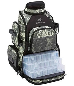 lot 2547 image: BASSDASH Fishing Tackle Backpack Water Resistant Lightweight Tactical Bag Soft Tackle Box with Rod Holder and Protective Rain Cover (Jungle Camo Backpack 3670 with 4 Trays)