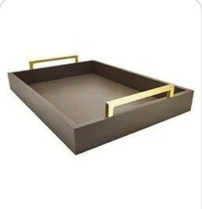 lot 51855 image: Montecito Home Decorative Coffee Table Tray, Champagne Gold Handles - Mocha