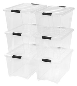 lot 52474 image: 4 - IRIS USA 53 Qt. Plastic Storage Bin Tote and Latching Buckles, clear with Black Buckle, lids are cracked