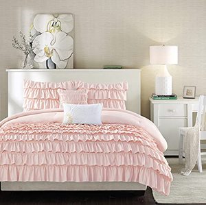 lot 52589 image: Intelligent Design Waterfall Comforter Reversible Solid Lush Ruffled Shabby Chic Bedding Set, FullQueen, Blush