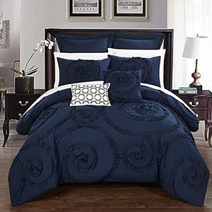 lot 52593 image: Chic Home Rosalia Floral Ruffled Etched Embroidery Comforter Set, King, Navy