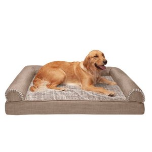 lot 2659 image: FurHaven Pet Products Cooling Gel Memory Foam Orthopedic Luxe Fur &amp Performance Linen Sofa-Style Couch Pet Bed