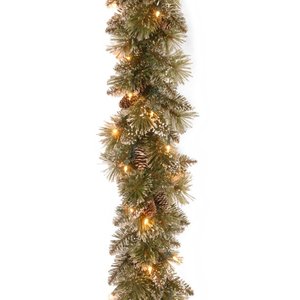 lot 2715 image: National Tree Company Pre-Lit 9 x 10 Glittery Bristle Pine Garland with Pine Cones