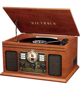lot 8485 image: Innovative Technology Nostalgic Classic Wood 6-in-1 Bluetooth Turntable Entertainment Center, Mahogany