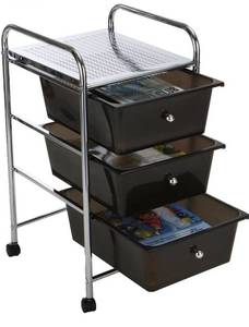 lot 8486 image: Mind Reader 3 Drawer Rolling Storage Cart and Organizer, Silver with Black Drawers