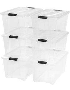 lot 8497 image: IRIS USA 53 Qt. Plastic Storage Bin Tote Organizing Container with Durable Lid and Secure Latching Buckles, Stackable and Nestable, 6 Pack, clear with Black Buckle