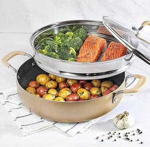 lot 8504 image: Granitestone Nonstick Everyday Pan Stir Fry Pan Multi-Purpose Pan 3 Piece Set with Tempered Glass Lid & Stainless-Steel Steamer, 5.5 Qt, Dishwasher Safe - 100% PFOA FREE, Champagne