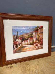 lot 20652 image: 17� x 13.5� Framed Art Spanish Town By The Sea
