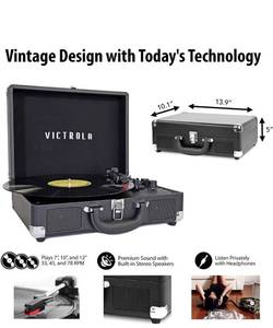 lot 20683 image: Victrola Vintage 3-Speed Bluetooth Portable Suitcase Record Player with Built-in Speakers  Upgraded Turntable Audio Sound Includes Extra Stylus  Black, Model Number VSC-550BT-BK