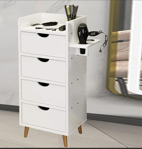 lot 2891 image: EBANKU Salon Station Beauty Salon Storage Cabinet Stylist Equipment, Hair Salon Storage Organizer Barber Shop Furniture Free Standing with 4 Drawers and 2 Hairdryer Holder (White)