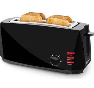 lot 8558 image: Elite Gourmet Long Toaster, 6 Toast Settings Defrost, Reheat, Cancel Functions, Slide Out Crumb Tray, Extra Wide Slots for Bagels Waffles, 4-Slice, Black