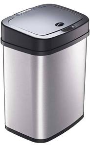 lot 8574 image: Ninestars Bedroom or Bathroom Automatic Touchless Infrared Motion Sensor Trash Can, 3 Gal 12L, Stainless Steel Base (Rectangular, Black Lid)