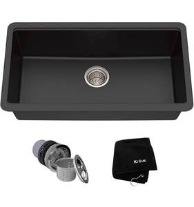 lot 8577 image: Kraus KGU-413B Undermount Single Bowl Granite Kitchen Sink, 31 Inch, Black