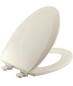 lot 8585 image: BEMIS Toilet Seat with Easy Clean & Change Hinges, ELONGATED, Durable Enameled Wood, BiscuitLinen