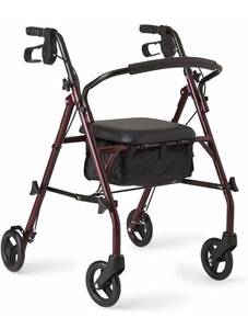 lot 8609 image: Medline Rollator Walker with Seat, Steel Rolling Walker with 6-inch Wheels Supports up to 350 lbs, Medical Walker, Burgundy