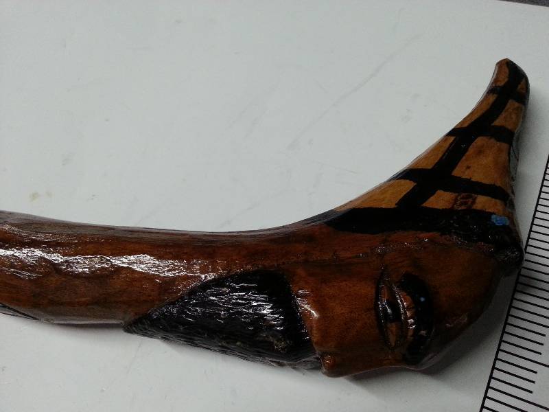 lot 1044 image: Cool old hand carved wood walking stick or cane.  Somebody spent hours working on this