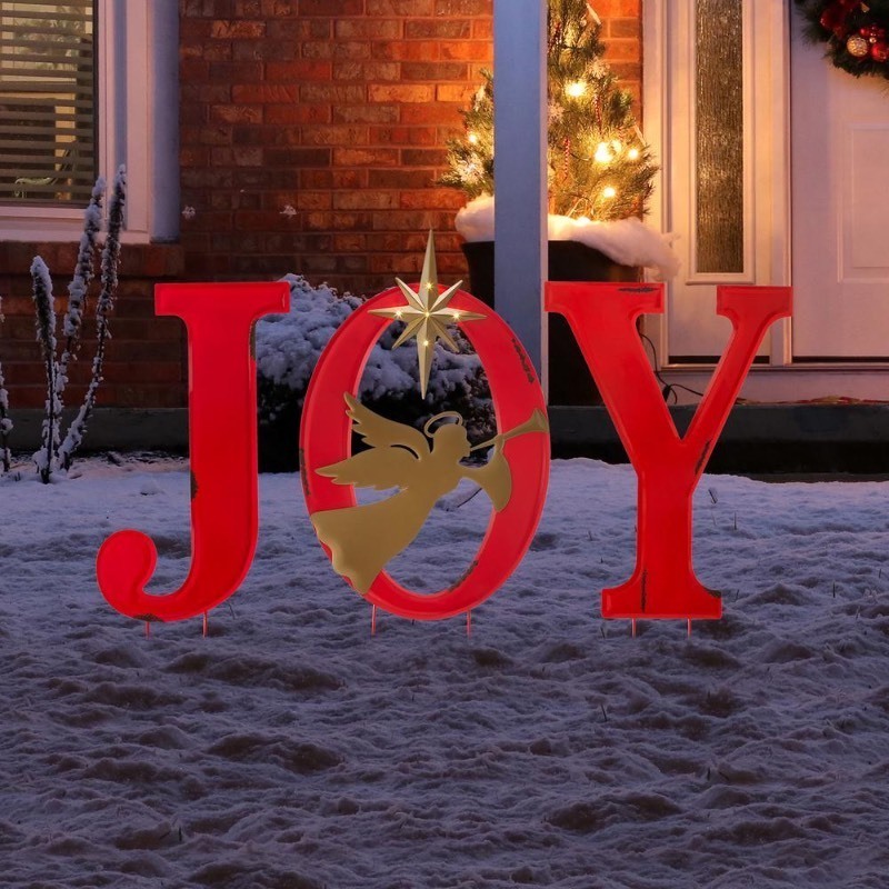 lot 2120 image: Glitzhome Metal Joy Angel Yard Stake or Standing Decor or Wall Decor with Led, 36