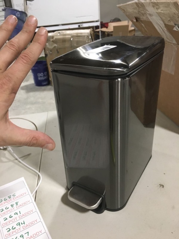 lot 2684 image: Tiny 1 Gallon Stainless Steel Trash Can - small cosmetic crack inside lid