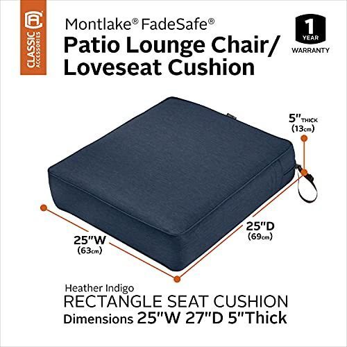 lot 2694 image: Classic Accessories Montlake Water-Resistant 25 x 27 x 5 Inch Rectangle Outdoor Seat Cushion, Patio Furniture Chair Cushion, Heather Indigo Blue