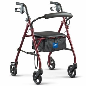 lot 3366 image: Medline Steel Rollator Walker, Folding Rolling Walker, 6 Wheels, 350lb Weight Capacity, Burgundy Red Frame