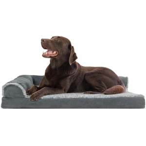 lot 3371 image: FurHaven Pet Dog Bed Deluxe Orthopedic Faux Fur & Suede L-Shaped Chaise Couch Pet Bed for Dogs & Cats, Stone Gray, Large