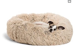 lot 3374 image: Best Friends by Sheri The Original Calming Donut Cat and Dog Bed in Shag Fur Taupe Small with blanket
