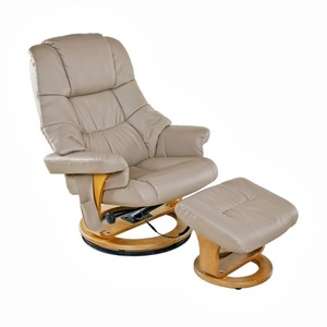 lot 3508 image: Relaxzen - Massage Recliner with Lumbar Heat and Ottoman - Beige with Wood Base