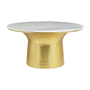 lot 3509 image: Home Decorators Collection Cupertine 31 in. GoldMarble Medium Round Marble Coffee Table with Hammered Base