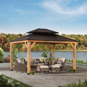 lot 3510 image: Hampton Bay Crownhill 11 ft. x 13 ft. Hardtop Gazebo with Wood Posts (Box 1), Blacks