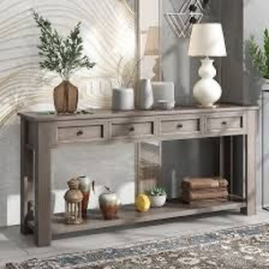 lot 3511 image: 64.2 in. Long Gray Wash Wood Console Table for Entryway Hallway Sofa Table with Storage-Drawers and Bottom-Shelf