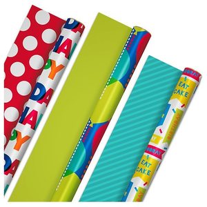 lot 3445 image: Hallmark Reversible Birthday Wrapping Paper Bundle (2-Pack.) Balloons, Bright Green, Teal Stripes, White Polka Dots on Red