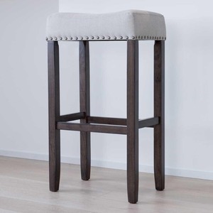 lot 2884 image: Nathan James - Hylie Nailhead Wood Pub-Height Counter Bar Stool 29in. Gray Fabric Cushion 0 Dark Brown Finish - Retail $111.49
