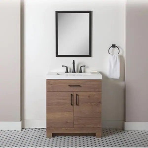 lot 2889 image: Fallsburg Vanity &amp Mirror ONLYNo Sink - 30.5 in. W x 18.75 in. D x 34.14 in. H Single Sink Bath Vanity in Halifax Oak with White Top and Mirror - Retail $197.00