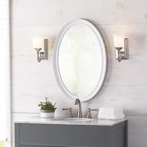 lot 2920 image: Home Decorators Collection-  21 in. W x 31 in. H Framed Oval Anti-Fog Bathroom Vanity Mirror in White Finish - Retail $59.99