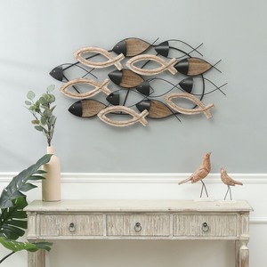 lot 2936 image: LuxenHome - Metal and Wood Modern School of Fish Wall Decor - Black Gold Brown - Retail $79.99