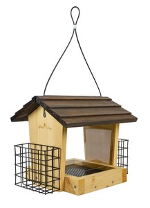 lot 2971 image: Wild Wings - Cedar 3-quart Hopper With Suet Wood Roof Wild Bird Feeder - Retail $34.99