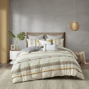 lot 2975 image: 3pc Cody Cotton Comforter Set GrayYellow -FullQueen - Retail $139.99