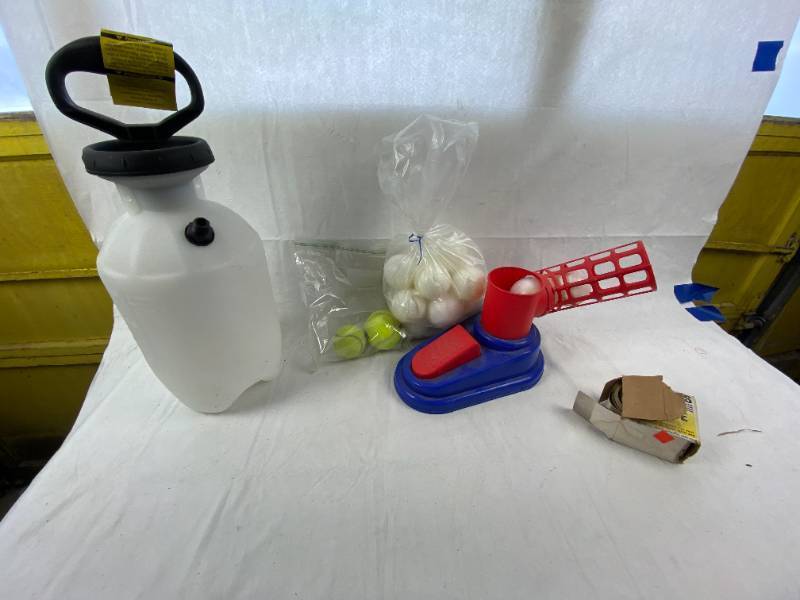 lot 12021 image: Lawn and Garden Pump Sprayer and a Practice Baseball Launcher w Balls - Roll of Stainless Steel Tape