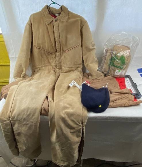 lot 2024 image: NEW Boot Liners (XL) and Winter Coveralls, Down Pants and 2 Stocking Caps - Size XXL