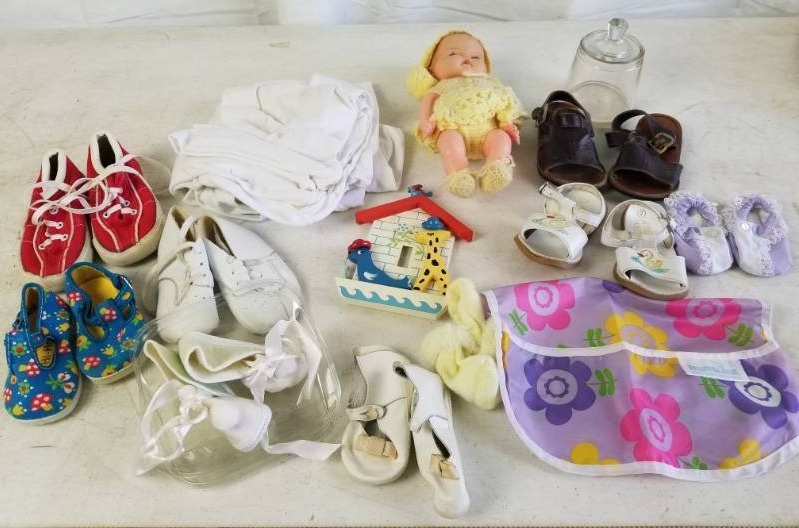 lot 6118 image: Lot of Vintage Baby Doll Items - Doll, Shoes,  & More
