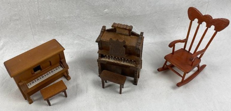 lot 6217 image: Lot of 2 Piano Music Boxes and a Tiny Rocking Chair - Lighter Colored Music Box works