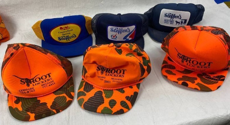lot 6234 image: Lot of Vintage Steffens Dairy Hats and Stroot Lockers Butcher Shop Hats