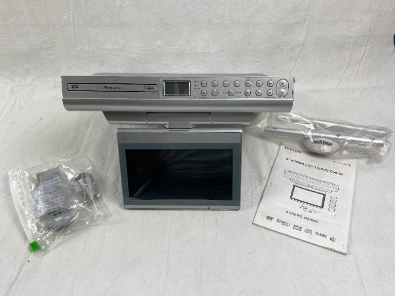 lot 6260 image: Kitchen LCD TVDVD Combo Radio Button - Mounts Under the Cabinet - Screen tilts and swivels for best view w manual, remote and cables
