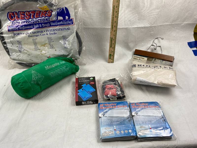lot 6265 image: All Weather Windshield Covers, Hand Warmers, Contractor Table Saw Dust Bag, Mosquito Net, Auto Weatherstripping