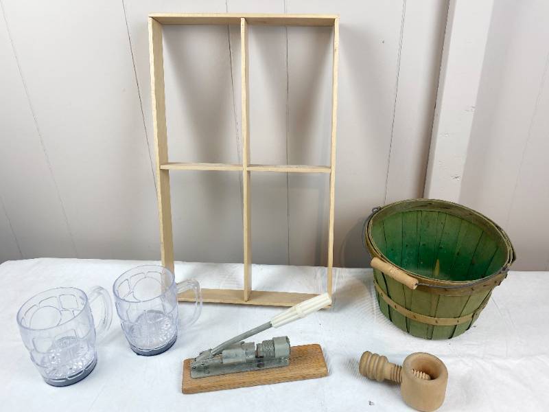 lot 6271 image: Walnut, Pecan, Nut Crackers, Wood Shelf, Apple Basket, & Coffee Cups