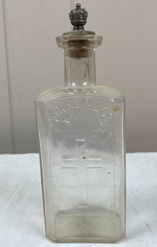 lot 6286 image: Vintage Holy Water Glass Bottle w Crown Top - Bless You