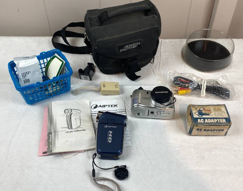 lot 6292 image: Olympus Camera w Carrying Bag & Aiptek HD DV Camcorder, etc....