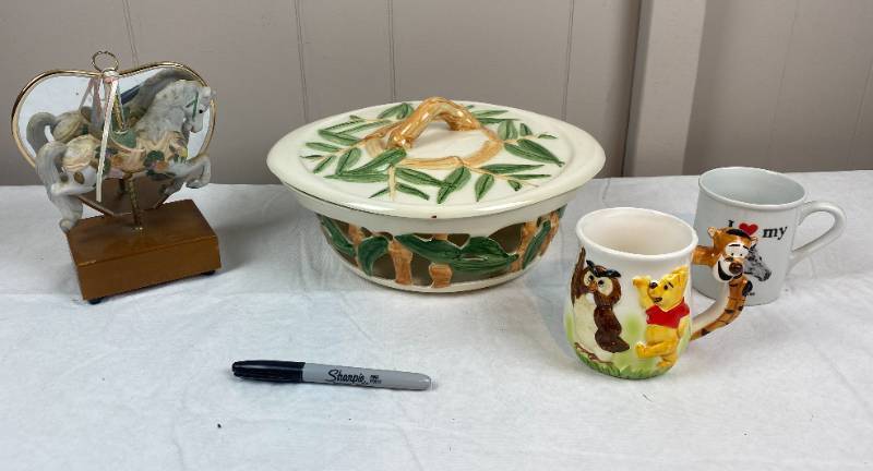 lot 6297 image: Winnie the Pooh, I Love My Horse Coffee Cup, Very Pretty Bowl w Lid & Horse Carousel Decor.